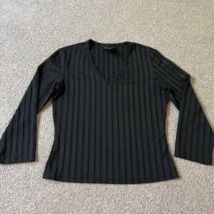 Vintage Y2K Express Black Striped V Neck Ribbed Knit Sweatshirt Women’s M